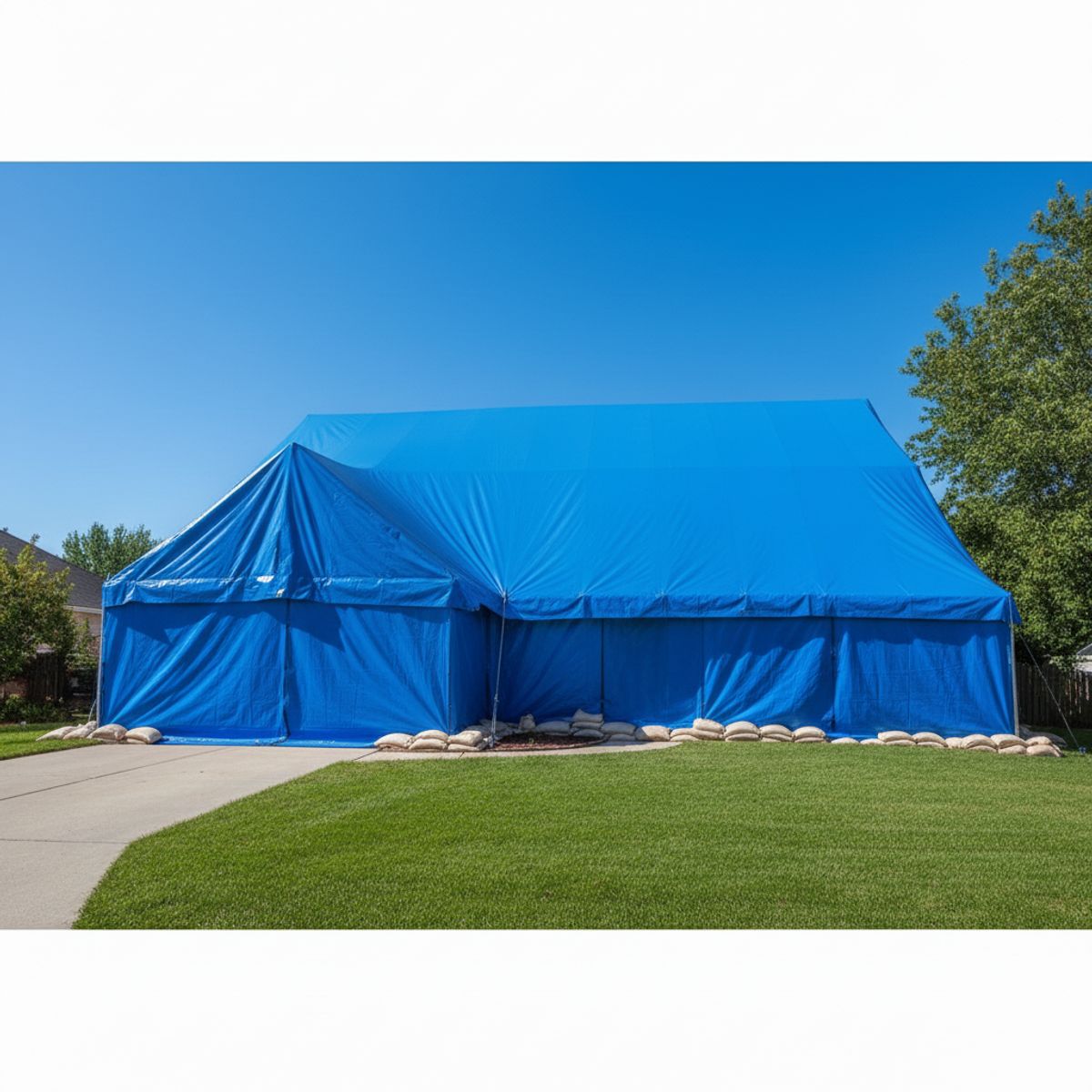 A house fully covered with a blue fumigation tent for termite treatment, with sandbags sealing the edges